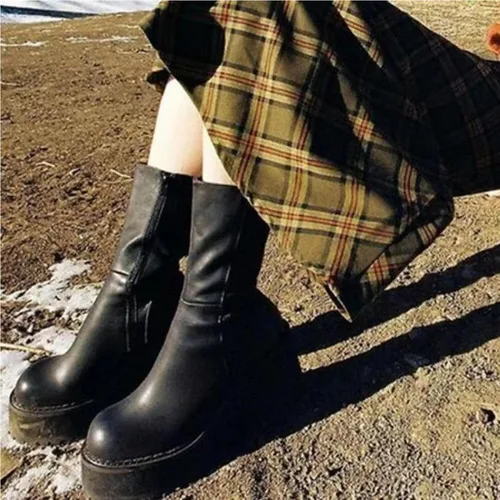 Vista 5 de Botas de Tobillo para Mujer, Botas de Plataforma con Tacón Grueso, Botas de Combate de Moda para Trabajo, Botas Tipo Botín con Punta Redonda, Botas