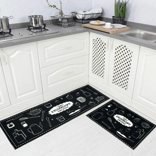 Vista 8 de Juego de 2 alfombras de cocina de 17 x 48 pulgadas + 17 x 24 pulgadas, tapetes antideslizantes lavables para suelo de cocina, 2 tapetes cómodos