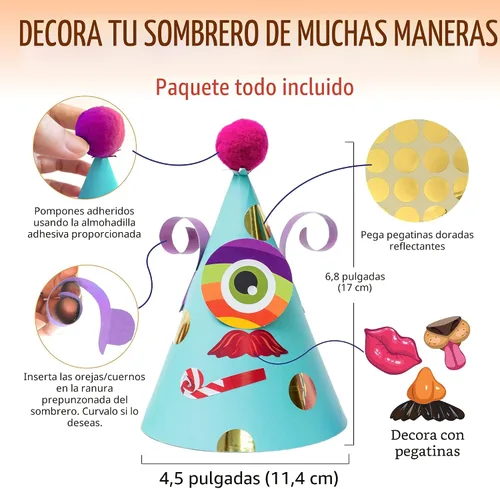 Vista 2 de Sombreros de fiesta de Glittery Garden para niños, arte y manualidades. Divertido kit de actividades de cumpleaños con pegatinas. Adorno de fiesta