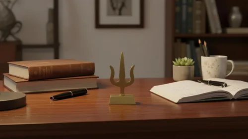 Vista 2 de Mesa hindú espiritual Trident Tridente de latón Shiva Trishul - 2.5 pulgadas