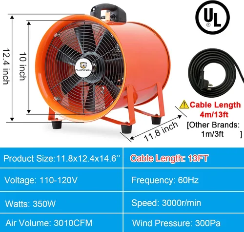 Vista 2 de Ventilador de escape de ventilación industrial portátil de 10 pulgadas 3010CFM 350W con manguera de conducto de 33 pies para aspirar polvo, humo