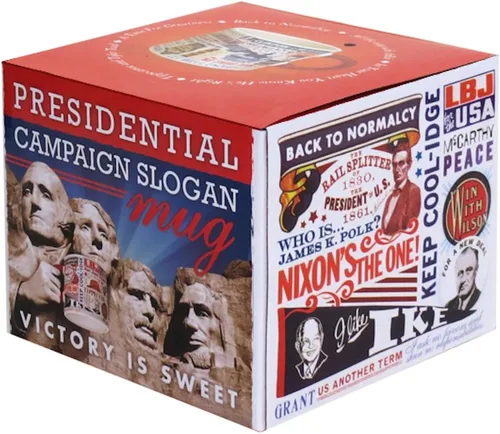 Vista 2 de Taza de café con eslogan presidencial, de "Tippecanoe and Tyler Too" a "Yes We Can", viene en una divertida caja de regalo, 12 onzas