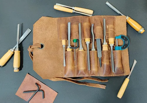Vista 7 de Bolsa de almacenamiento de rollo de cuchillo de cuero con bolsa enrollable para herramientas, rollo de estuche para cuchillos de chef para viajes