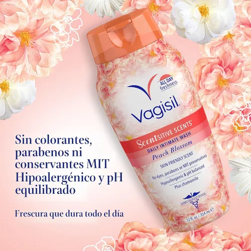 Vista 3 de Vagisil Lavado Femenino para la Higiene del Área Íntima, Scentsitive Scents, pH Equilibrado y Probado por Ginecólogos, Flor de Durazno, 12 oz