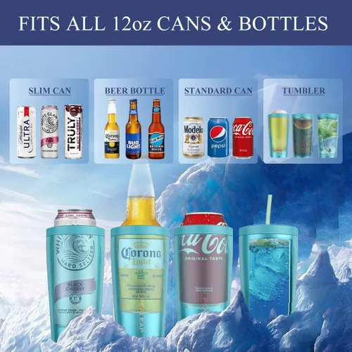 Vista 2 de Enfriador de latas delgado aislado 4 en 1 para latas de 12 oz y botellas de cerveza - Mantiene frío por 8 horas, fácil de sostener - Soporte