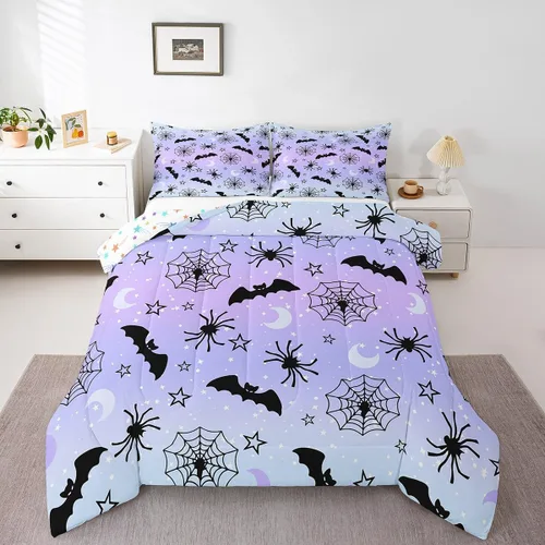 Vista 24 de Feelyou Juego de edredón de Halloween, color rosa fantasma, juego de ropa de cama tamaño individual, decoración para niños y niñas, lindo juego