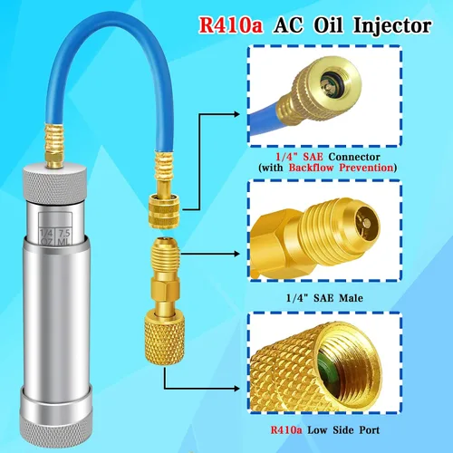 Vista 4 de Inyector de aceite de CA para R1234YF, R134A, R410A, inyector de aceite de tinte HVAC con conector SAE de 1/4", herramienta de inyector de aceite