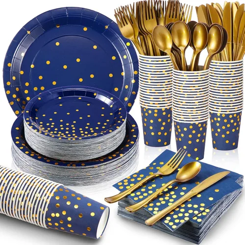 Vista 9 de Sieral 560 piezas de suministros de fiesta negros y dorados para 80 invitados, kits de vajilla de punto dorado, platos de papel negro, tazas