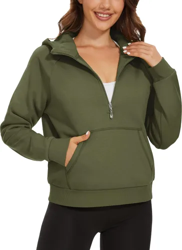 Vista 3 de MAGCOMSEN Sudaderas con capucha para mujer, con forro polar, cremallera de 12, manga larga, con bolsillo tipo canguro