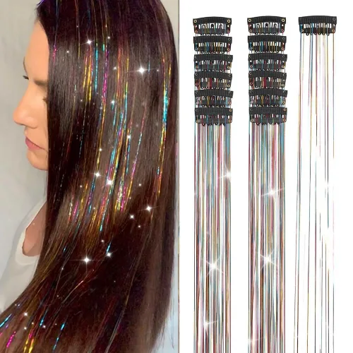 Vista 21 de Ubeleco Kit de oropel para cabello negro de 12 piezas, accesorios de cabello con clip de 52 cm, kit de oropel de pelo de hada para Navidad y Año