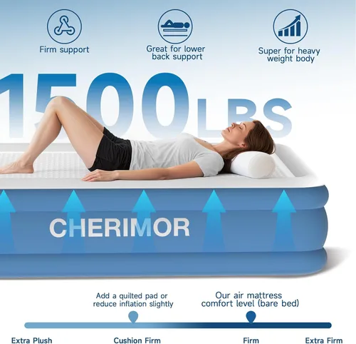 Vista 4 de CHERIMOR Colchón de aire Queen con bomba recargable incorporada, soporte resistente de 1500 libras, colchón inflable elevado de firmeza mejorada