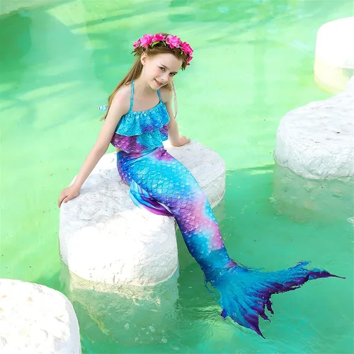 Vista 3 de Conjuntos de sirena de natación para niños, disfraz de sirena para niñas