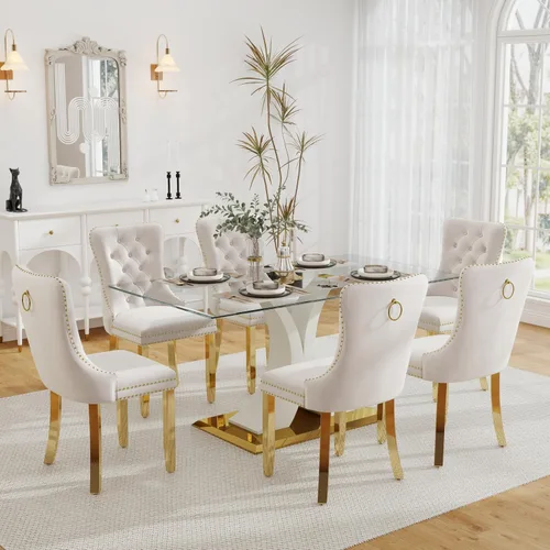 Vista 22 de Juego de comedor de cristal moderno de lujo de 7 piezas, juego de cena rectangular minimalista grande para 6, mesa de cocina de cristal transparente