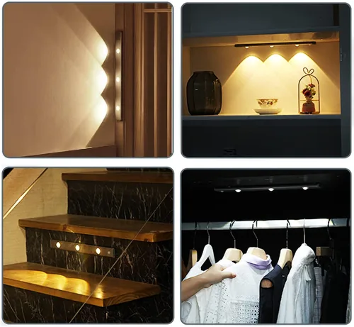 Vista 8 de Sensor de movimiento LED regulable de 3 colores, luz para debajo del gabinete, iluminación inalámbrica magnética recargable para cocina, dormitorio