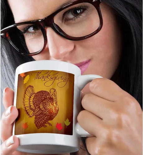 Vista 2 de 3dRose mug_200319_1 Taza de cerámica con texto en inglés "Thanksgiving Turkey and Fall Leaves", 11 oz