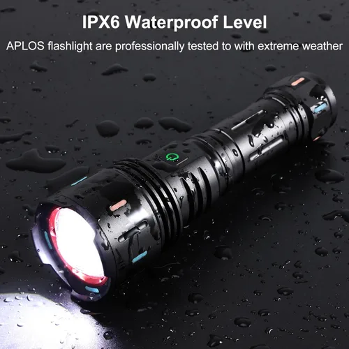 Vista 3 de APLOS Linterna recargable F60 Zoom, 6000 lúmenes, linternas LED súper brillantes, 5 modos de zoomable, impermeable, luces tácticas, linterna