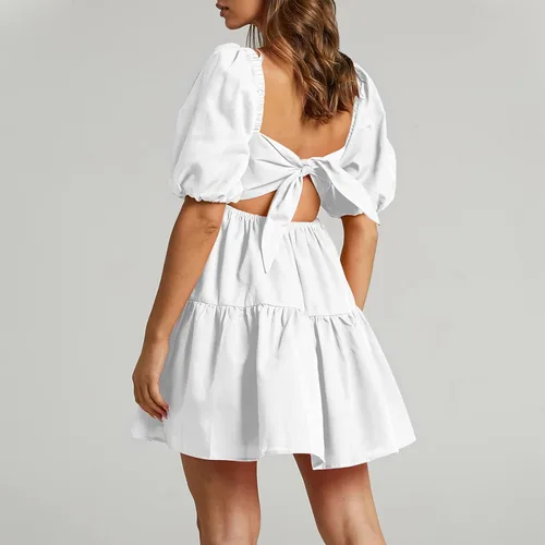 Vista 2 de Shy Velvet Mini vestidos casuales de verano para mujer, cuello cuadrado, manga corta burbuja, vestido babydoll
