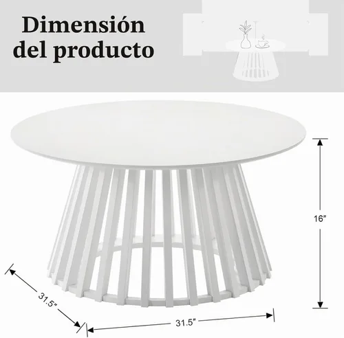 Vista 2 de DUOMAY Moderna mesa de centro redonda de madera maciza con base geométrica, mesa central de madera resistente para sala de estar, salón, oficina