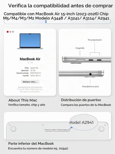 Vista 3 de EooCoo Funda para MacBook Air de 15 pulgadas M5 M4 M3 M2 2026-2023 Cristal transparente