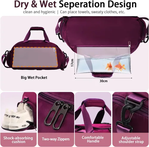 Vista 2 de FIORETTO Bolsa de deporte para hombre con bolsillo húmedo y compartimento para zapatos, ideal para viajes, gimnasio, deportes, natación, B-Morado