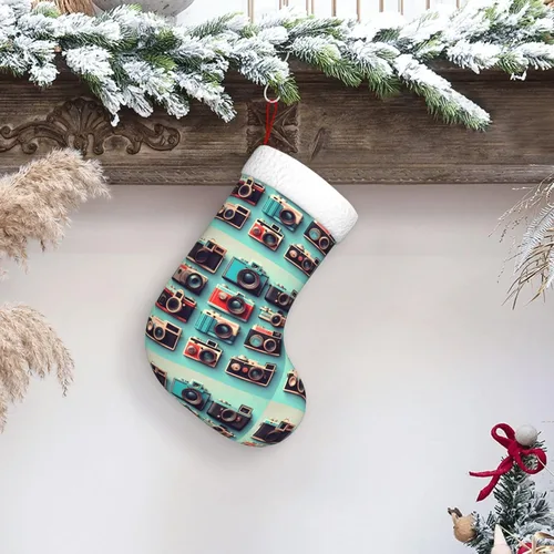 Vista 3 de Retro Cool Camera Collection Print Christmas Stocking, Christmas Tree Decor Stocking, Flannel Cuff With Hanging Ribbonâ€‹