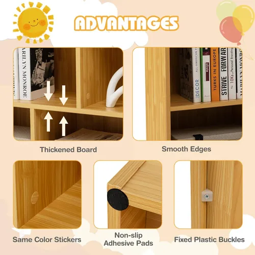 Vista 6 de MEDIMALL Organizador de almacenamiento de juguetes para niños de 5 cubos, estante de almacenamiento de madera de 2 niveles para libros y juguetes