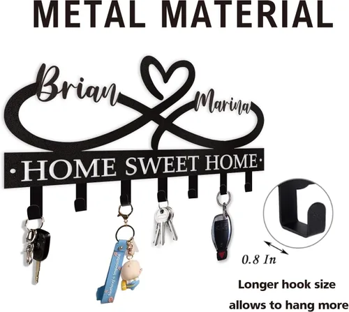 Vista 7 de Dyoart Soporte Personalizado para Llaves con Nombres de Pareja, Soporte de Llaves de Metal Montado en la Pared para Regalos de Inauguración de Casa