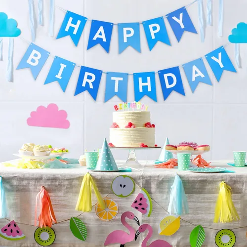 Vista 2 de Cartel azul de feliz cumpleaños, pancarta de feliz cumpleaños, guirnalda para baby shower, revelación de género, suministros de fiesta para niños
