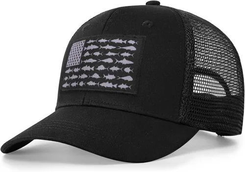 Vista 27 de Sombrero de camionero con bandera de pez estadounidense, regalos de pesca para hombres, sombrero de pesca Snapback perfecto para pesca y uso diario
