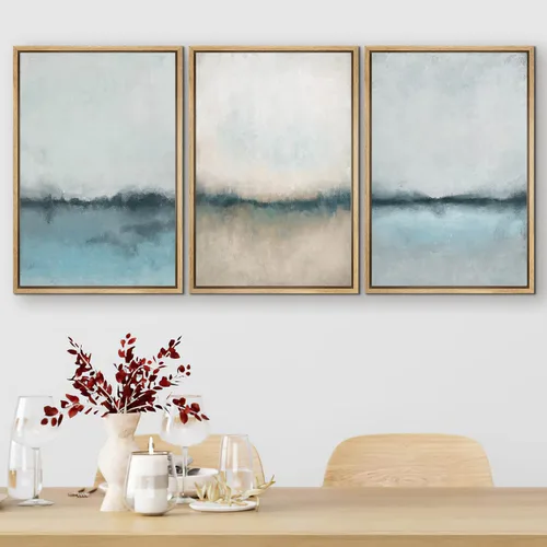 Vista 295 de SIGNFORD - Set de obras de arte en lienzo enmarcado para pared, ilustraciones abstractas de neblina del desierto en tonos neutros beige y marrón