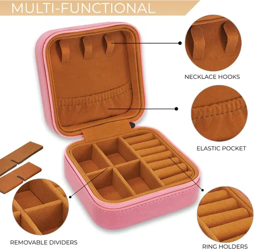 Vista 4 de Joyero de viaje personalizado con espejo portátil personalizado opcional, organizador de joyas de cuero sintético, pequeño soporte para anillos