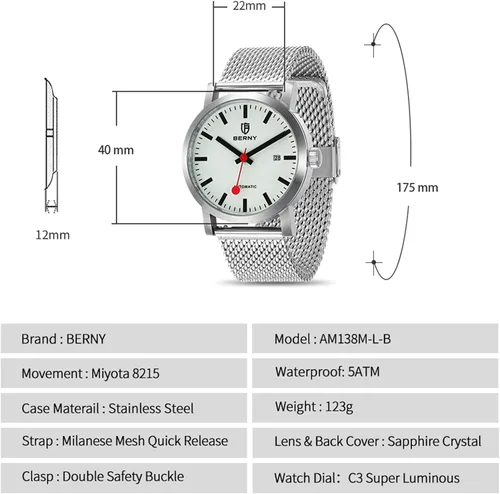 Vista 7 de BERNY Reloj automático clásico para hombre, reloj mecánico de cuerda automática MIYOTA 8215, correa de acero inoxidable, 5ATM, impermeable, esfera