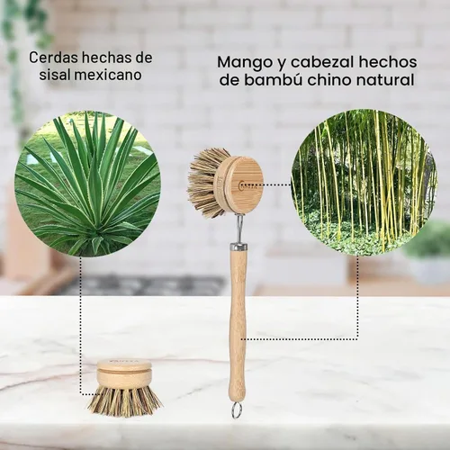 Vista 3 de Limpiador de platos de bambú con mango – Cepillo de cerdas duras de cerdas naturales, cepillo de cocina sostenible y biodegradable para platos