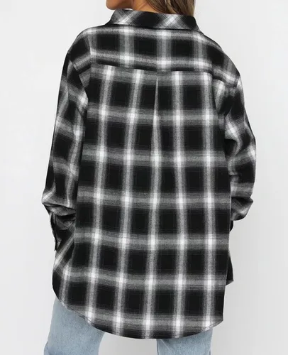 Vista 4 de Lacozy Camisa de franela a cuadros para mujer, manga larga, cuello con botones, blusas