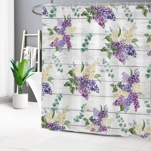 Vista 10 de EOBTAIN Cortina de ducha floral púrpura para baño, flores de acuarela y hojas de eucalipto verde sobre beige, cortina de ducha con 10 ganchos, juego