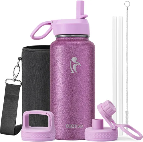 Vista 25 de Coolflask Botella de agua de 20 onzas aislada con pajilla, 3 tapas de metal de acero inoxidable, botella de agua de boca ancha para deportes u