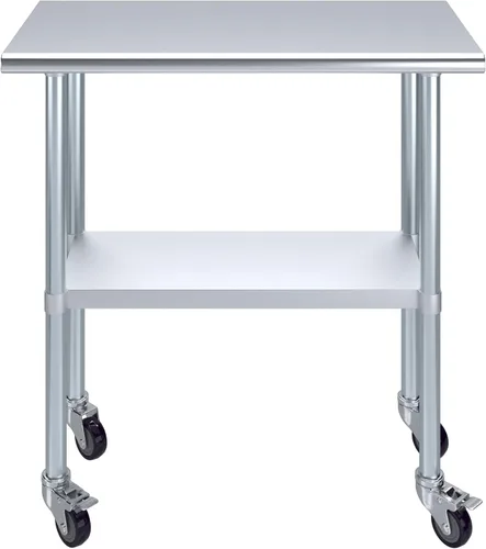 Vista 9 de Mesa de trabajo comercial de acero inoxidable con estante inferior y ruedas (24x72)