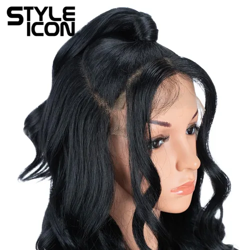 Vista 5 de Style Icon - Peluca de encaje frontal negra con parte libre, estilo U, de 24" de largo, ondulada con flequillo, sintética, resistente a altas 1