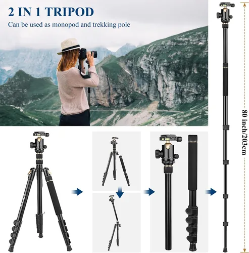 Vista 6 de Trípodes de aluminio de 77" para cámara y monópodos, trípode compacto de viaje Victiv para cámara DSLR, visor de observación, telescopio, Dorado
