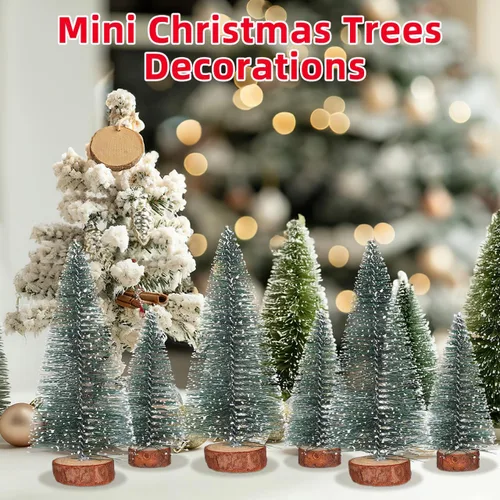 Vista 7 de NUOLUX 6 mini decoraciones de árboles de Navidad, árboles de cepillo para botellas con base de madera, decoración de pueblo de Navidad