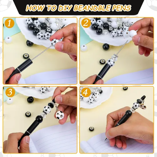 Vista 4 de 12 piezas de bolígrafos con cuentas a granel, bolígrafos con cuentas DIY, colgante de fútbol, bolígrafos con cuentas de tinta negra, kit de regalo