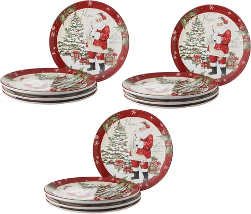 Vista 4 de Holiday Wishes - Juego de 4 platos de cerámica vintage de Papá Noel con Peace Love Joy Hope, vajilla festiva para comidas familiares
