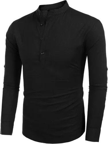 Vista 2 de COOFANDY - Camisas de lino y algodón con cuello Henley de manga larga estilo hippie informal camisas de playa
