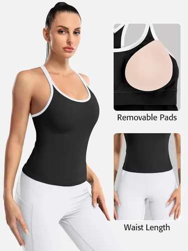 Vista 106 de ATTRACO Camiseta corta acanalada de entrenamiento para mujer con brasier integrado para yoga, espalda cruzada, ajuste ajustado