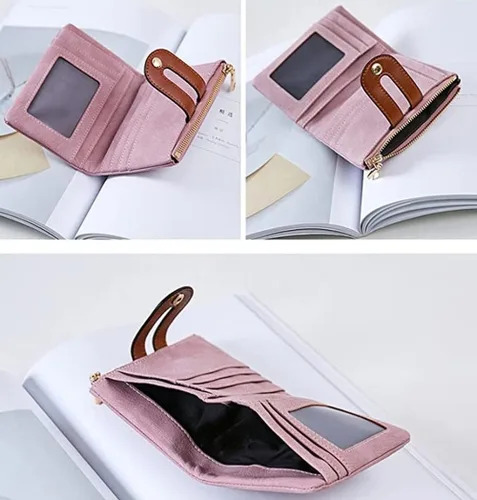 Vista 3 de Cartera de piel pequeña con bloqueo RFID, cartera delgada y plegable para mujer, Verde, Minimalista