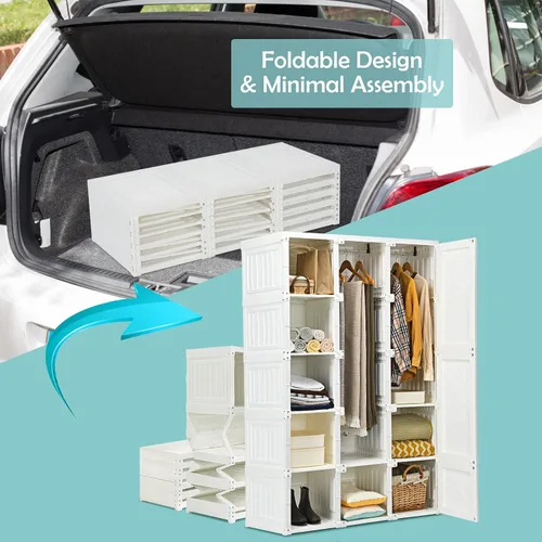 Vista 8 de Tangkula Armario Closet Portátil, Organizador de Ropa Plegable con Almacenamiento de Cubículos, Varillas para Colgar, Fácil de Ensamblar