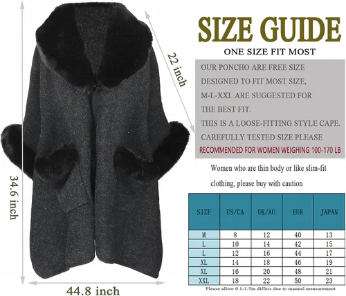 Vista 5 de Iristide Poncho para mujer con bolsillo cálido cárdigan de cachemira con piel de conejo
