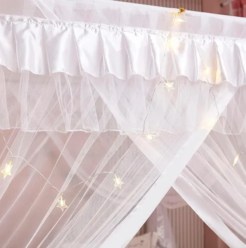 Vista 6 de Mengersi Cortina para Dosel de Cama Princesa, con 4 Esquinas, Dosel con Mosquitero para Cama de Princesa (Blanco, Doble)