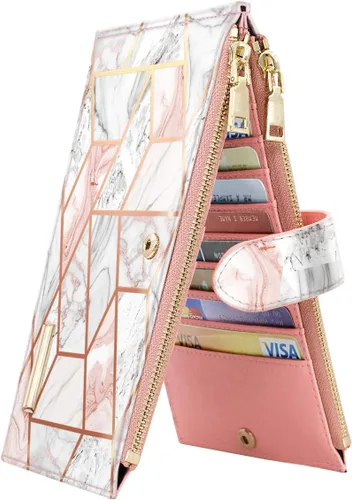 Vista 21 de Billetera de mujer con bloqueo RFID de gran capacidad, organizador multitarjetas, billetera plegable para mujer con bolsillo con cremallera