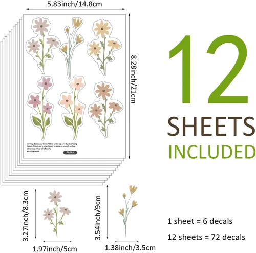 Vista 2 de funlife 72 PIEZAS Adhesivos de pared de flores de acuarela, para pegar y quitar, decoración de pared para dormitorio de niñas, flores boho
